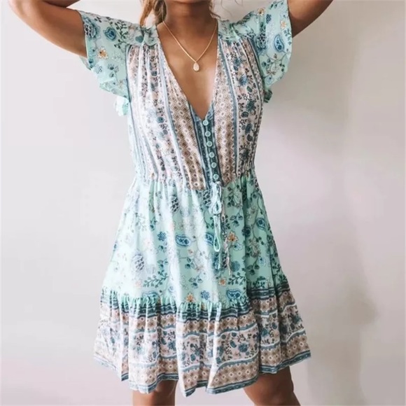 Boho Blue Floral Paisley Short Sleeve Ruffle Dress - Picture 2 of 9